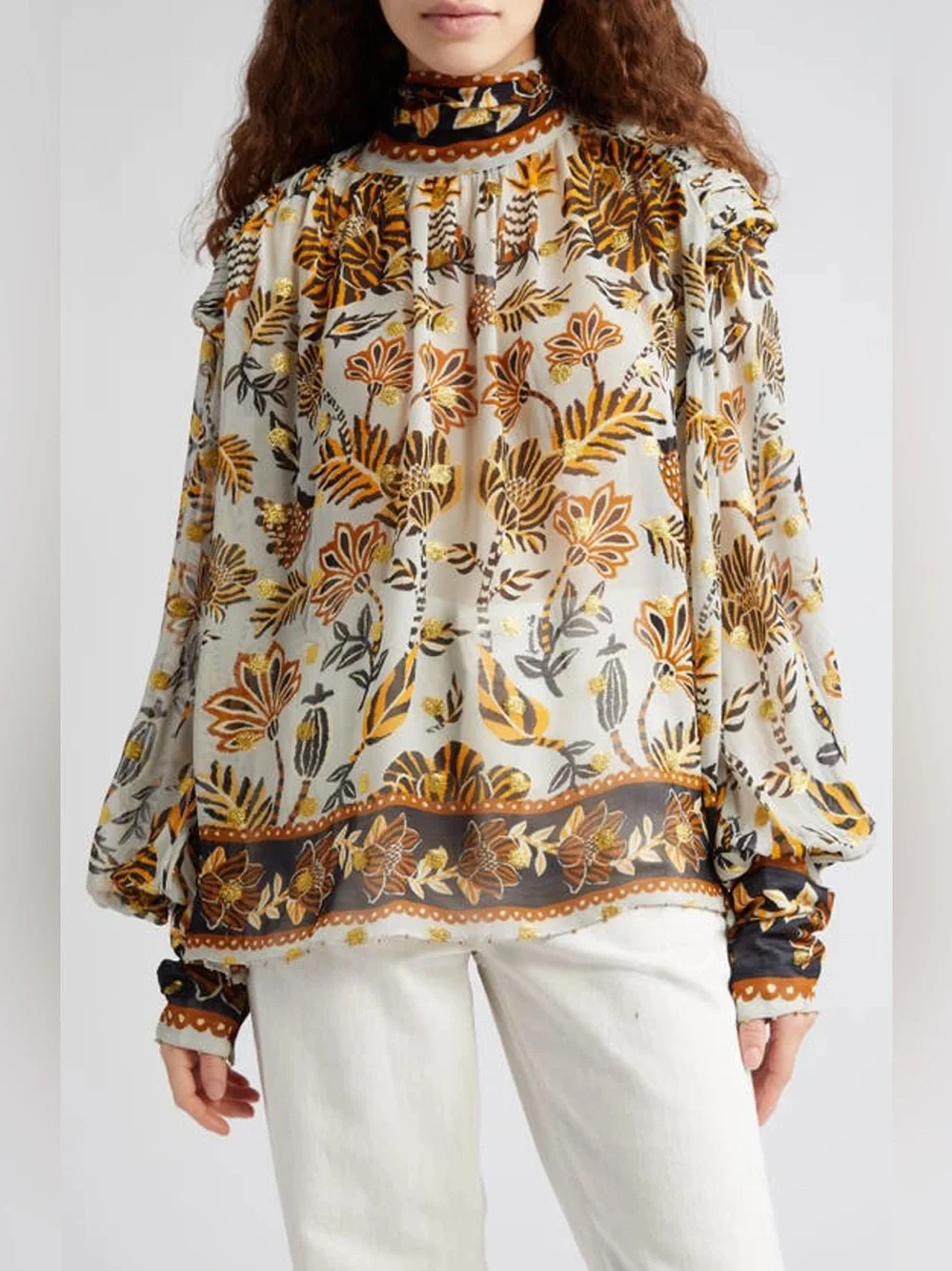 FARM Rio Sheer Floral High-Neck Blouse in White, Mustard and Black EUC
